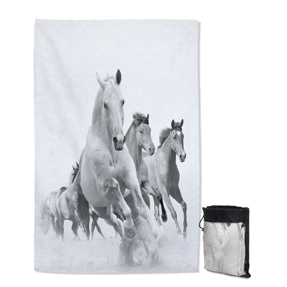 Black and White Running Horses Travel Beach Towel
