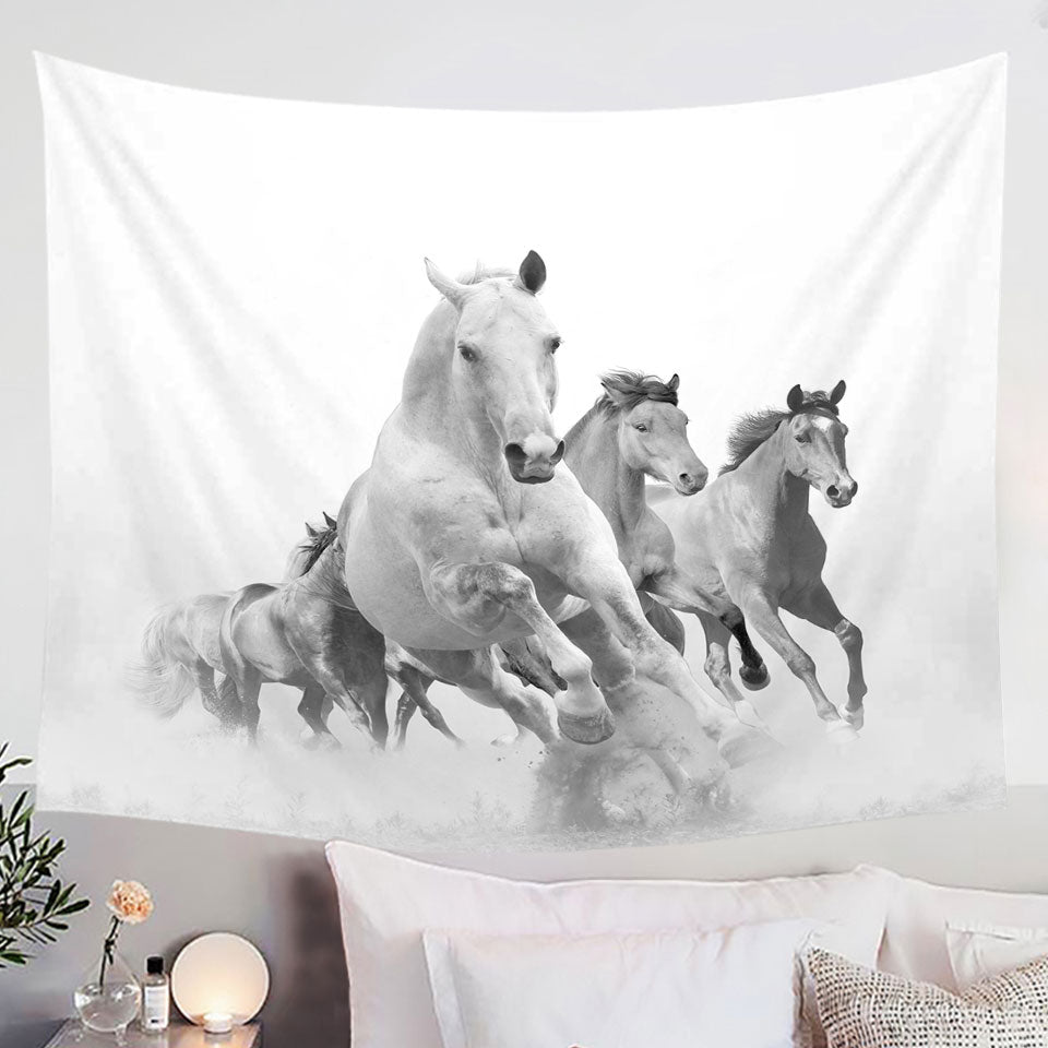 Black and White Running Horses Wall Tapestry