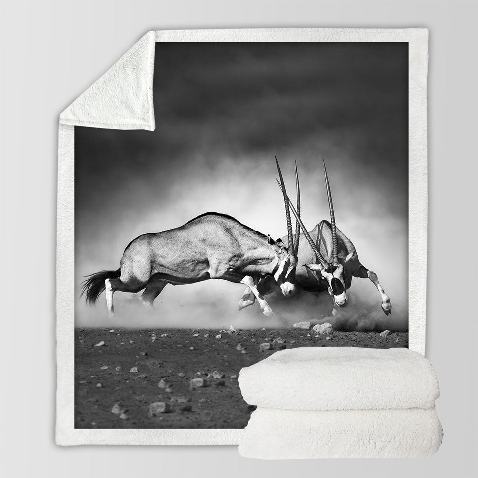 Black and White Sherpa Blanket with Wild Antelopes