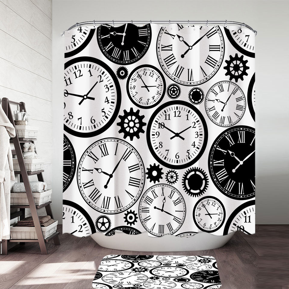 Black and White Shower Curtains with Clocks