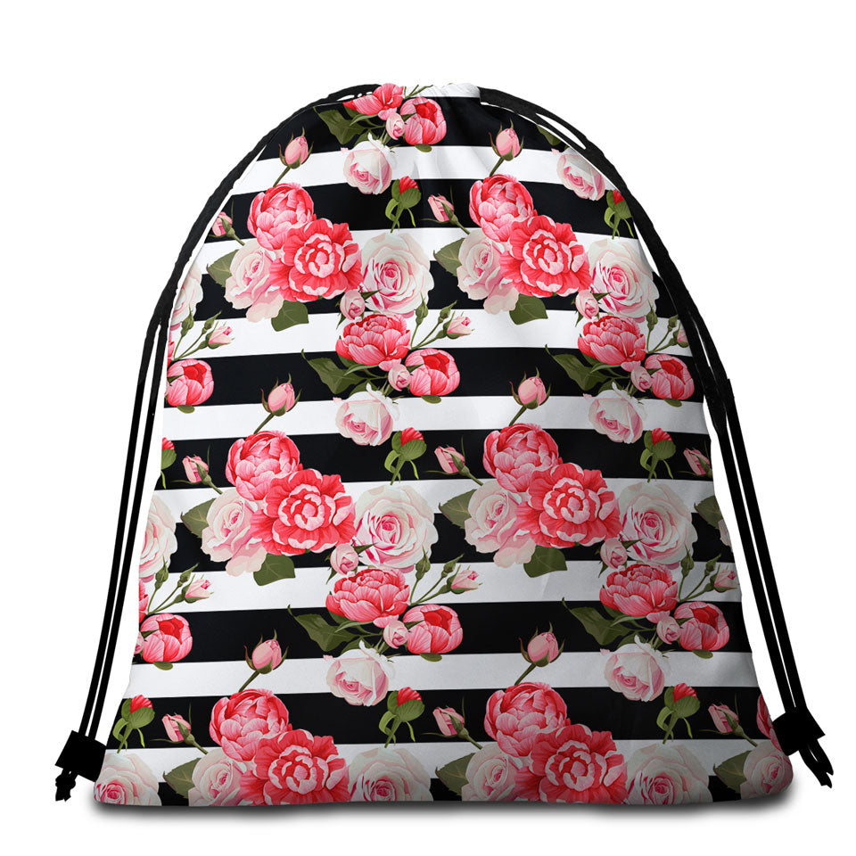 Black and White Stripes and Pinkish Roses Beach Towel Bags for Girls