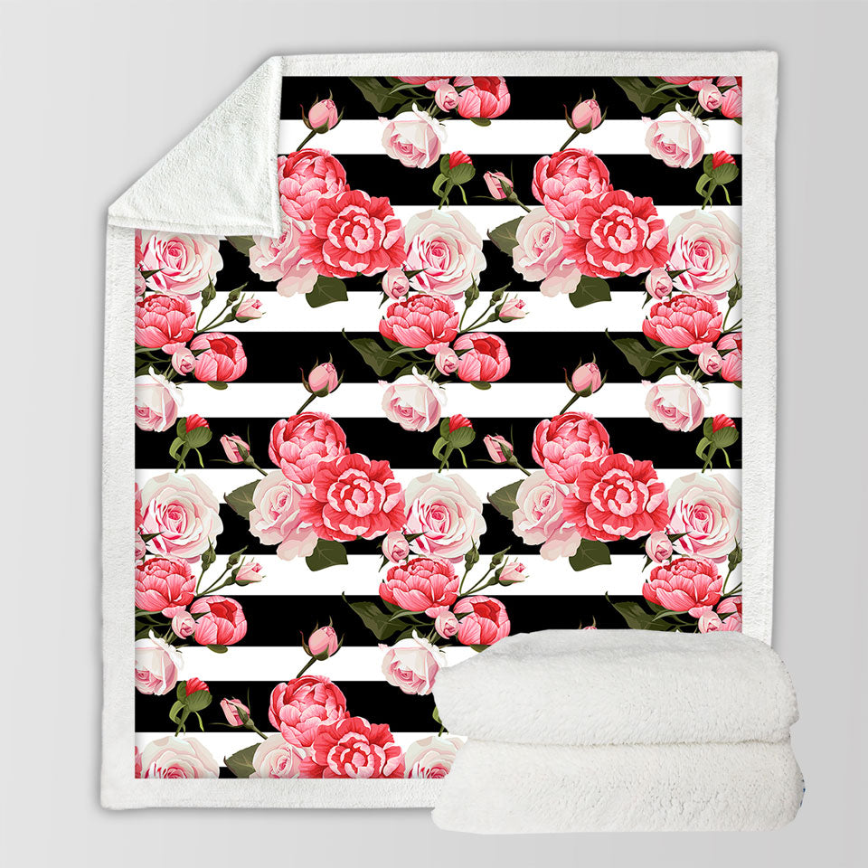 Black and White Stripes and Pinkish Roses Decorative Blankets