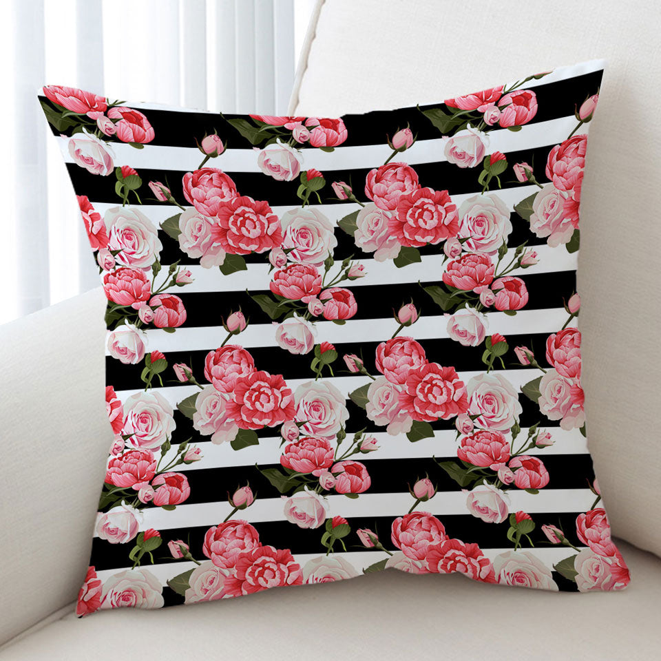 Black and White Stripes and Pinkish Roses Decorative Cushions