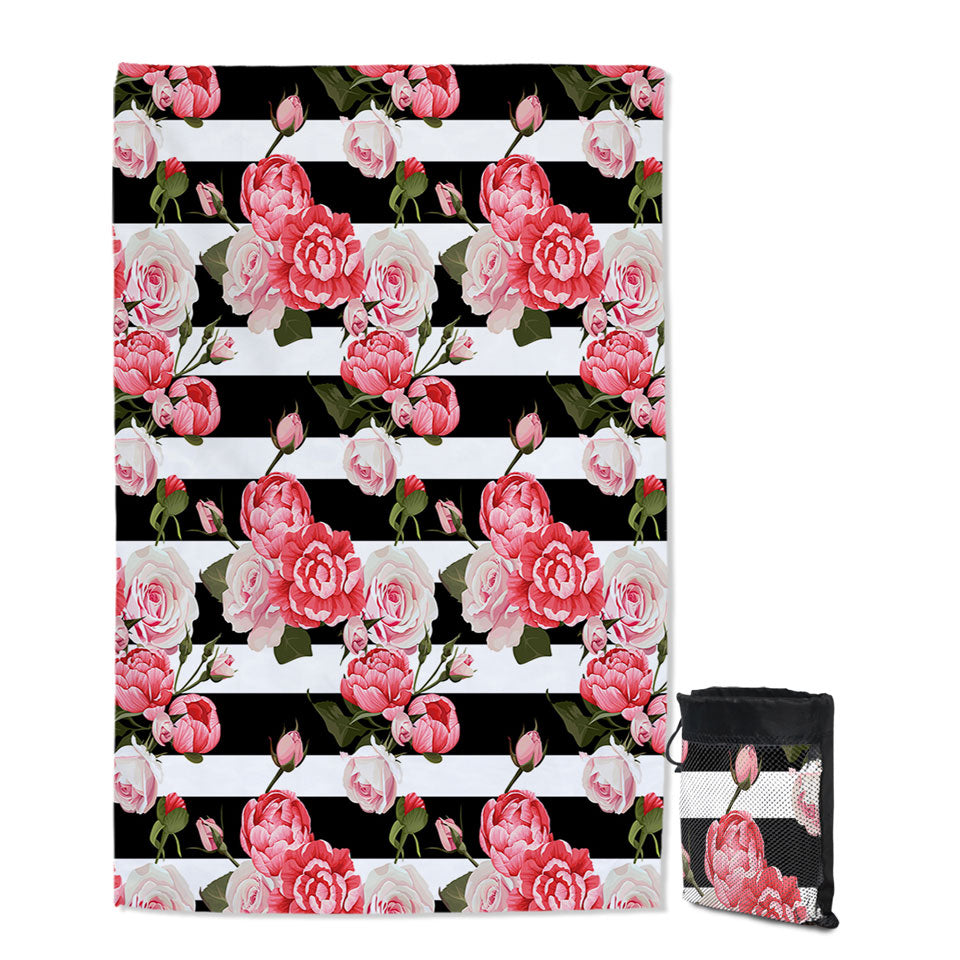 Black and White Stripes and Pinkish Roses Girls Beach Towels