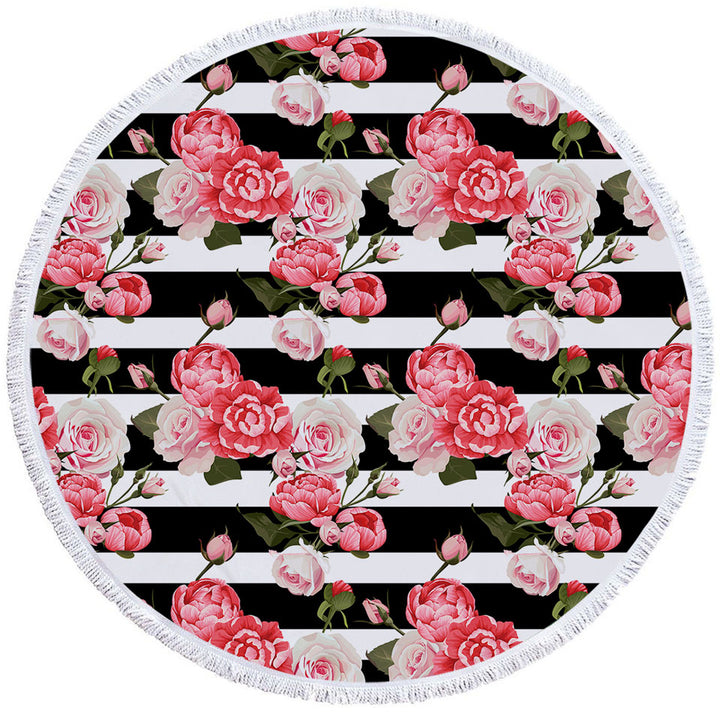Black and White Stripes and Pinkish Roses Round Beach Towel for Girls