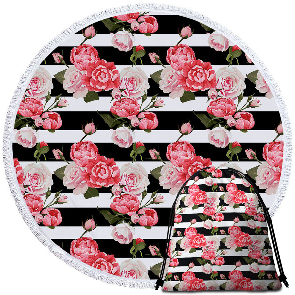 Black and White Stripes and Pinkish Roses Round Beach Towel for Women
