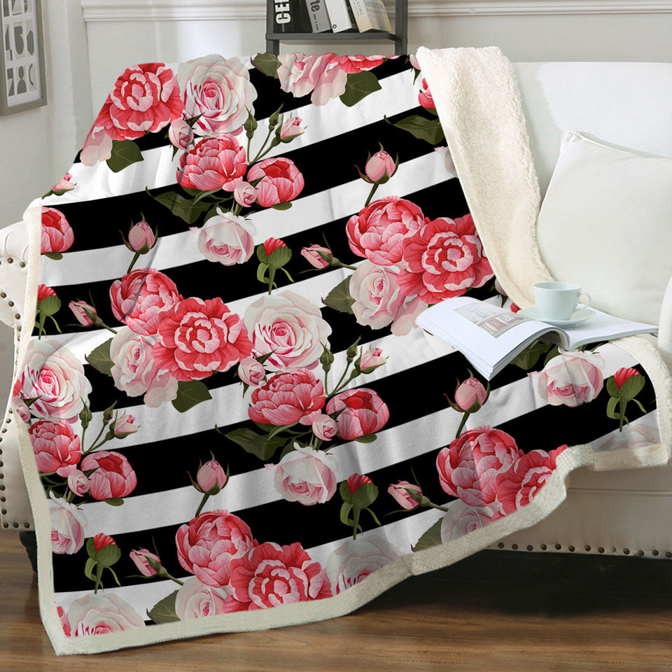Black and White Stripes and Pinkish Roses Throws