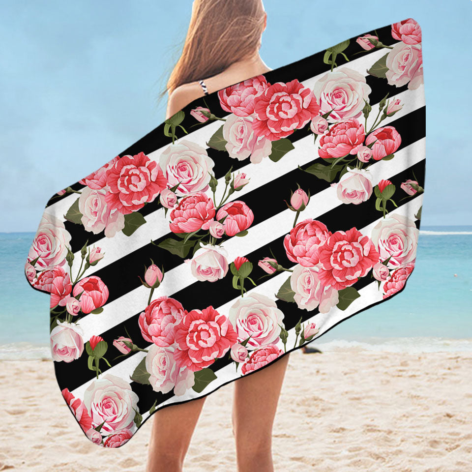 Black and White Stripes and Pinkish Roses Womens Beach Towel