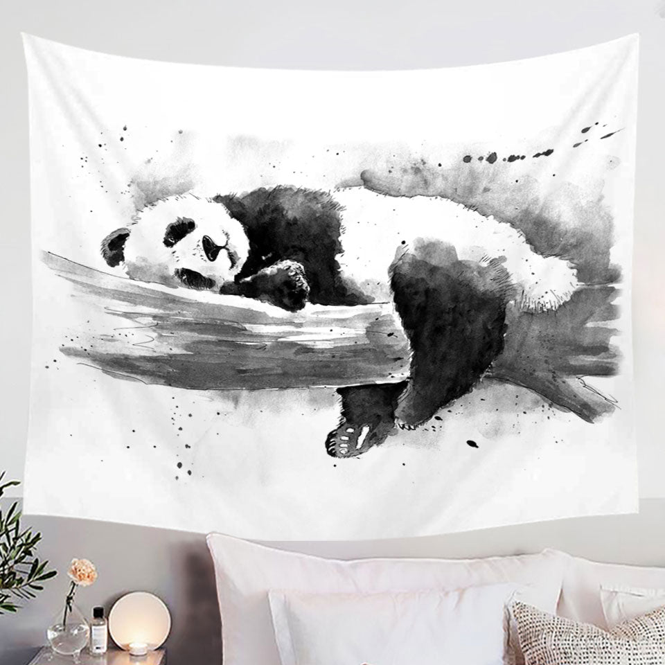 Black and White Wall Decor Tapestry Drawing of a Cute Sleeping Panda