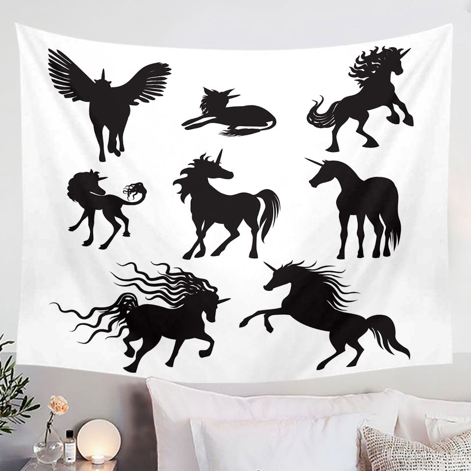 Black and White Wall Decor Tapestry Legendary Unicorn Silhouettes