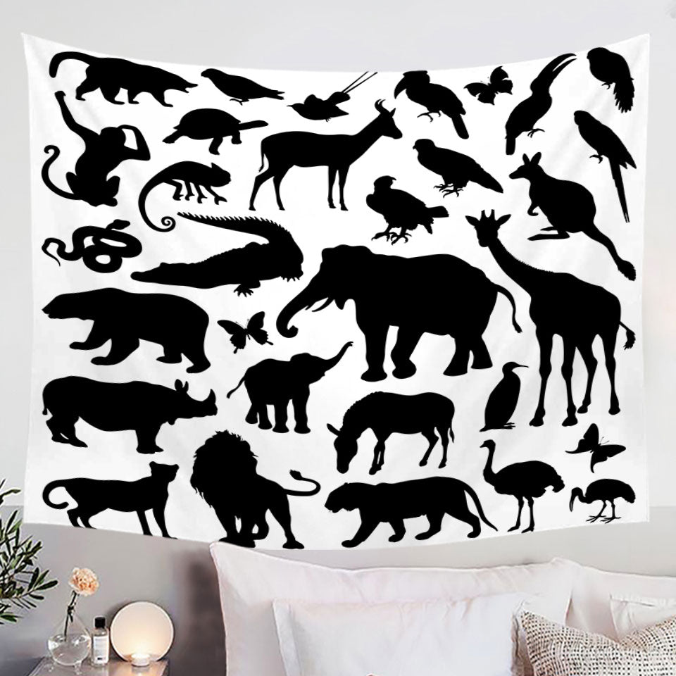 Black and White Wall Decor Tapestry with Animals Silhouettes