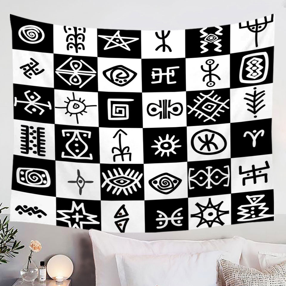 Black and White Wall Decor Tapestry with Aztec Symbols Checkers