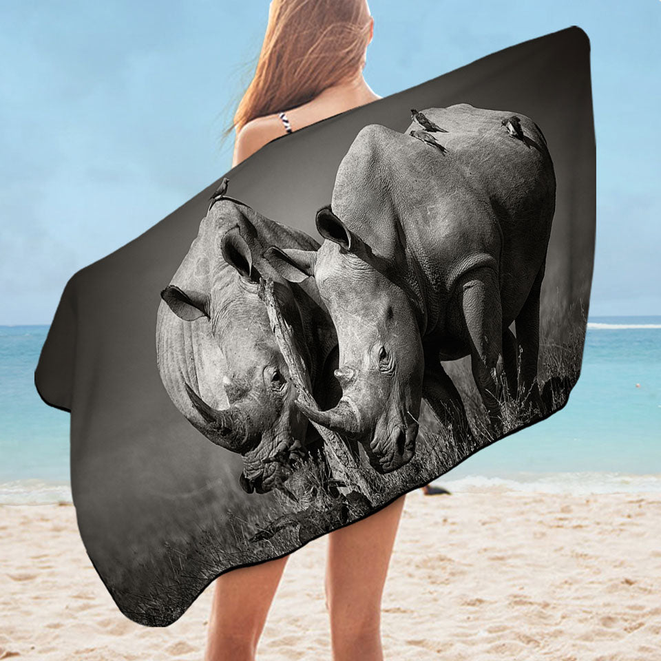Black and White Wild Rhinos Microfiber Beach Towel