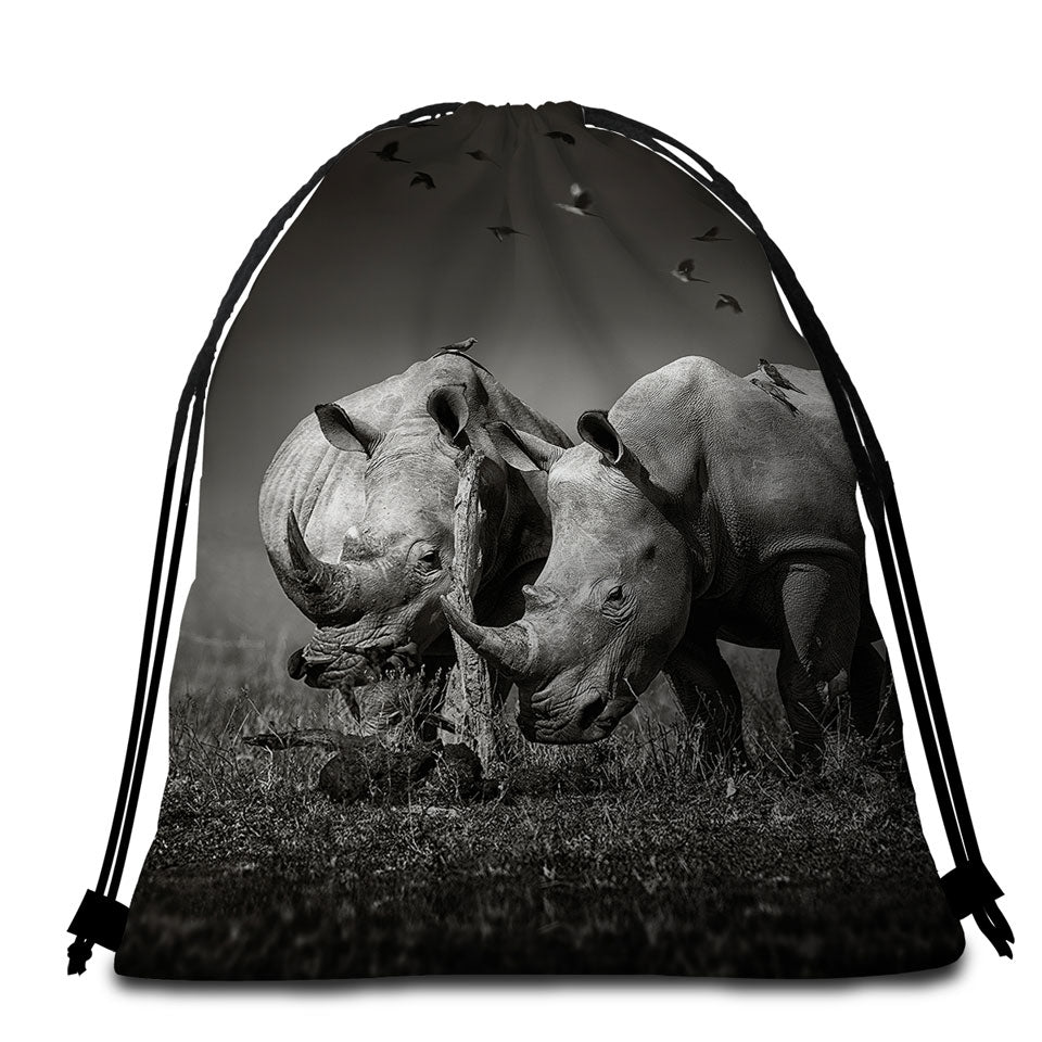 Black and White Wild Rhinos Packable Beach Towel