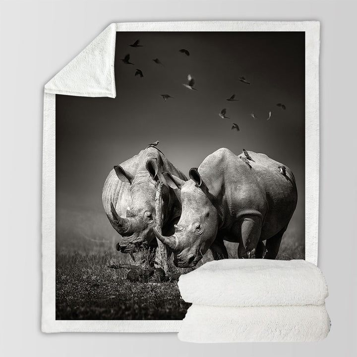 Black and White Wild Rhinos Sherpa Blanket