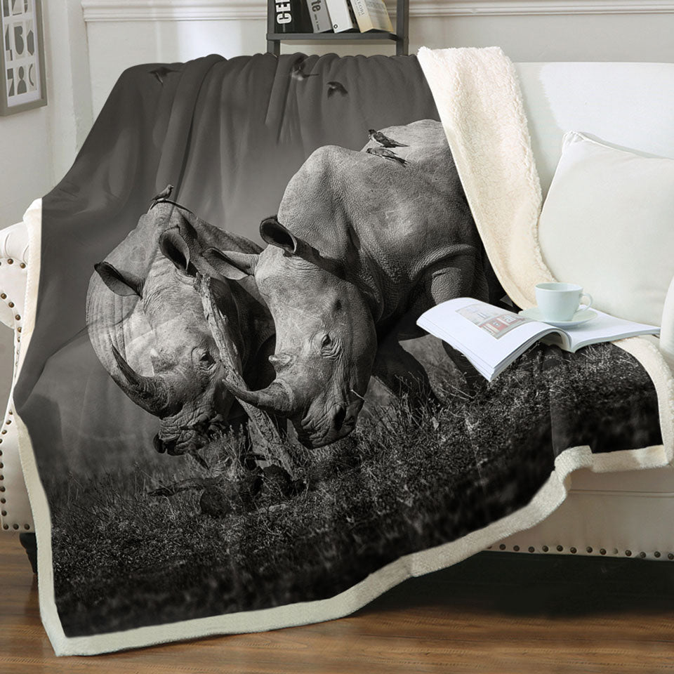 Black and White Wild Rhinos Throw Blanket