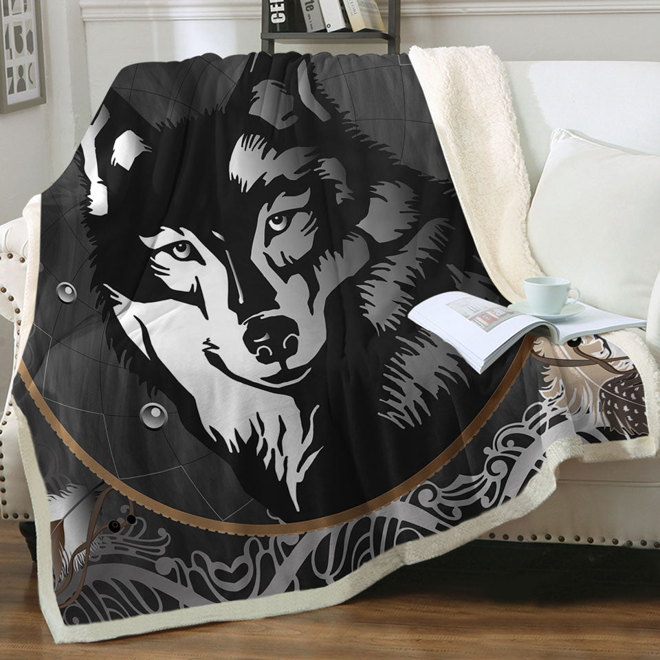 Black and White Wolf Sherpa Blanket