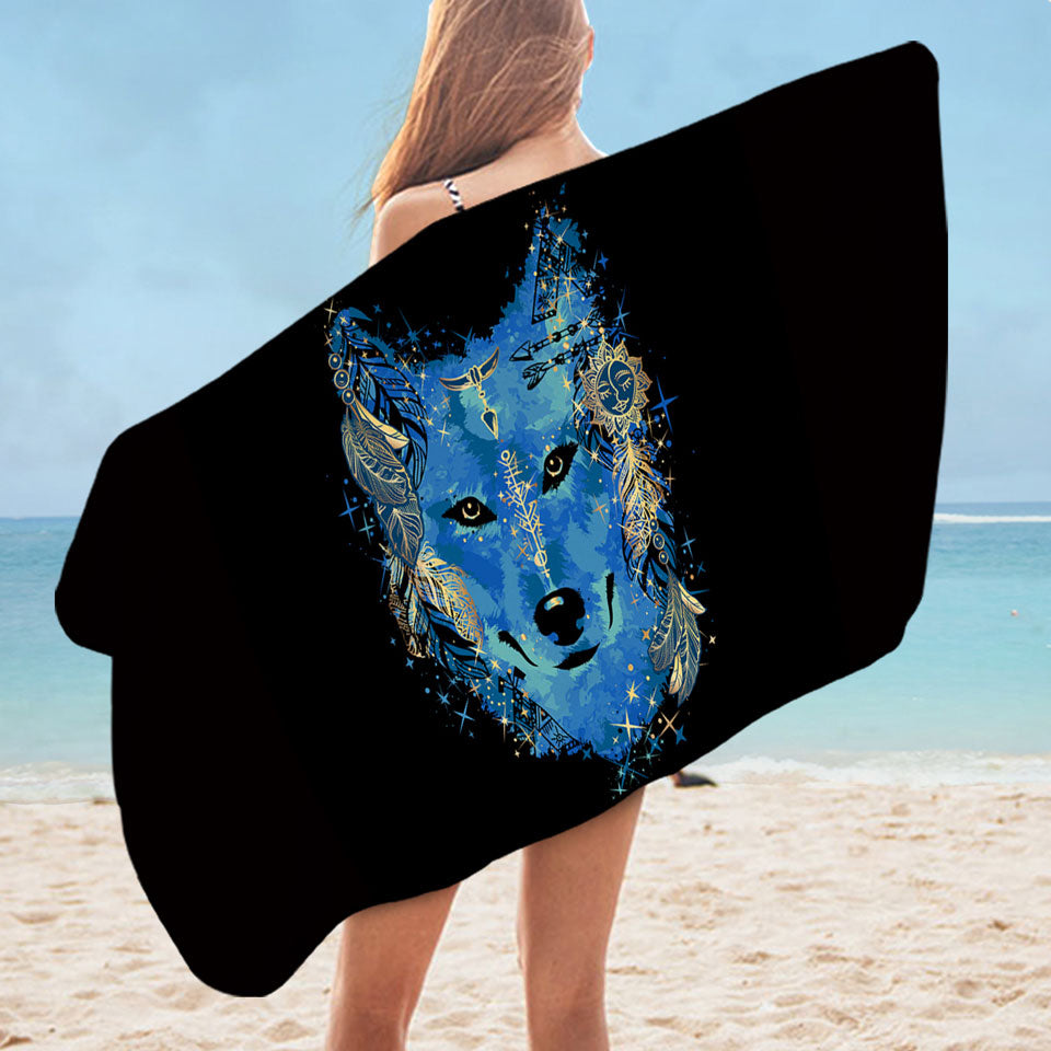 Blue Beach Towel with Wolf Print