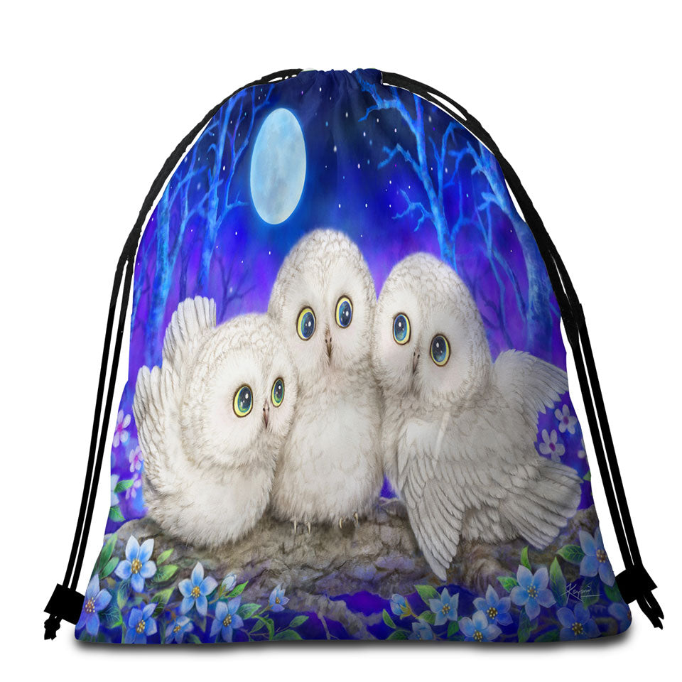 Blue Beach Towels and Bags Set Purple Moonlight Forest Owl Triplets