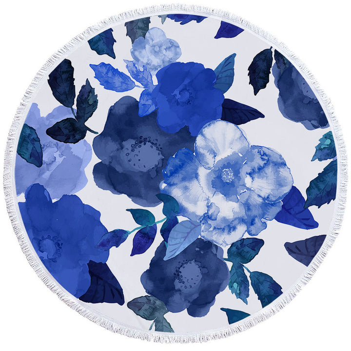 Blue Circle Beach Towel with Water Colored Flowers