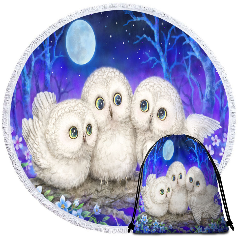 Blue Cute Beach Towels Purple Moonlight Forest Owl Triplets