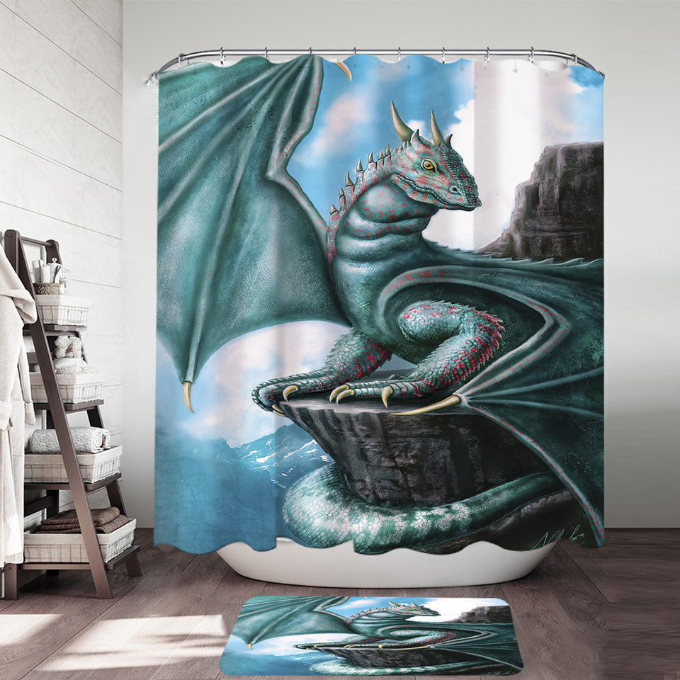 Blue Dragon Cliff Fantasy Art Shower Curtain