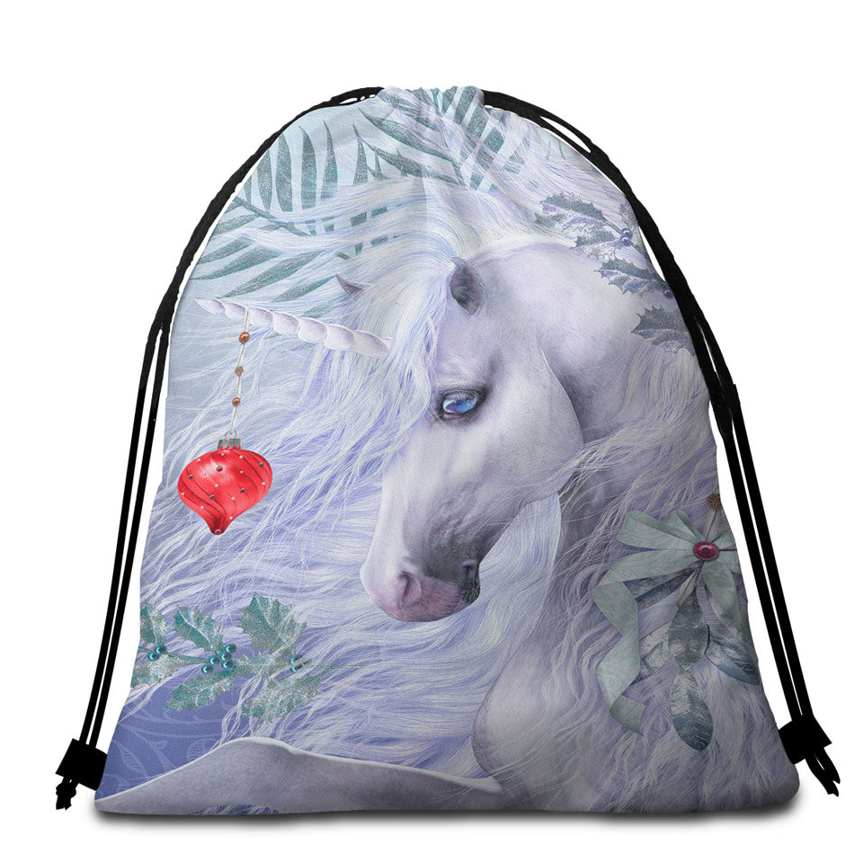 Blue Eyes Christmas White Unicorn Beach Bags and Towels