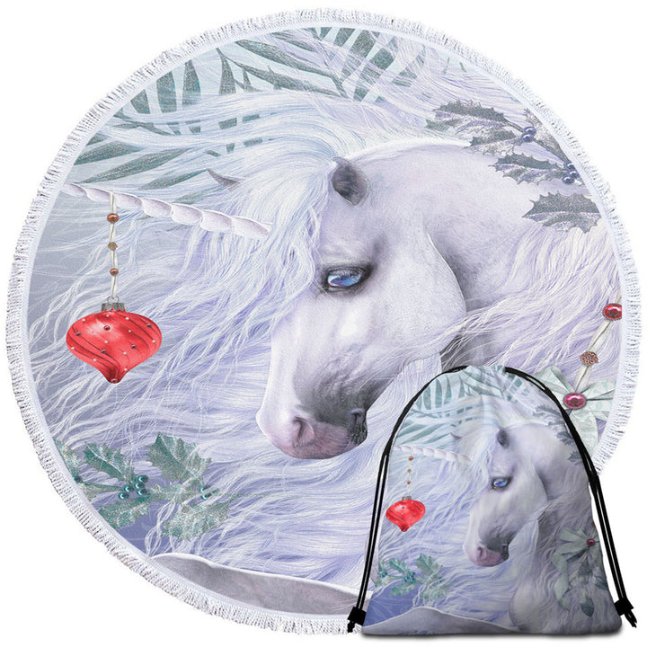 Blue Eyes Christmas White Unicorn Beach Towels On Sale