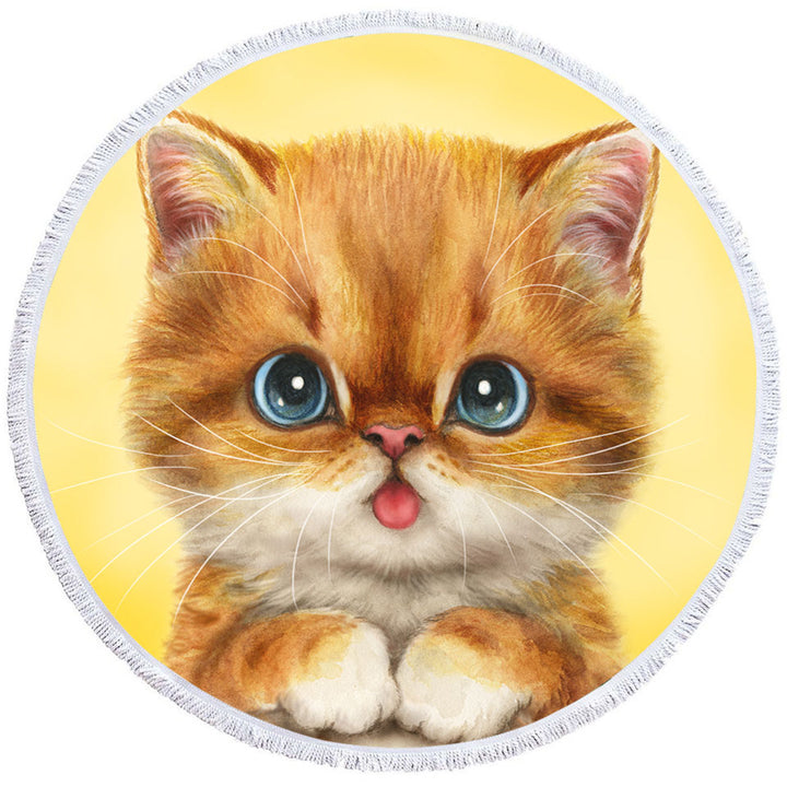 Blue Eyes Ginger Kitty Cat Round Beach Towel