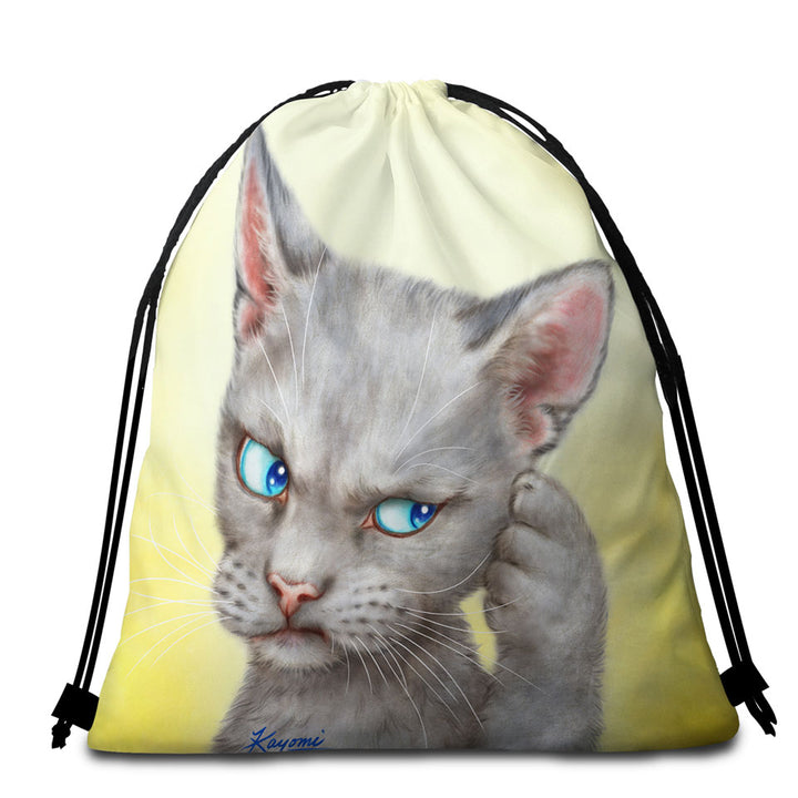 Blue Eyes Grey Kitty Cat Over Yellow Beach Towels and Bags Set