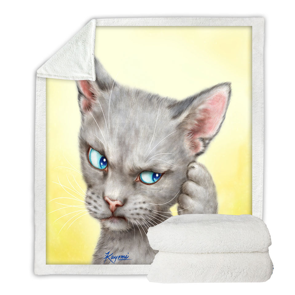 Blue Eyes Grey Kitty Cat Over Yellow Decorative Blankets