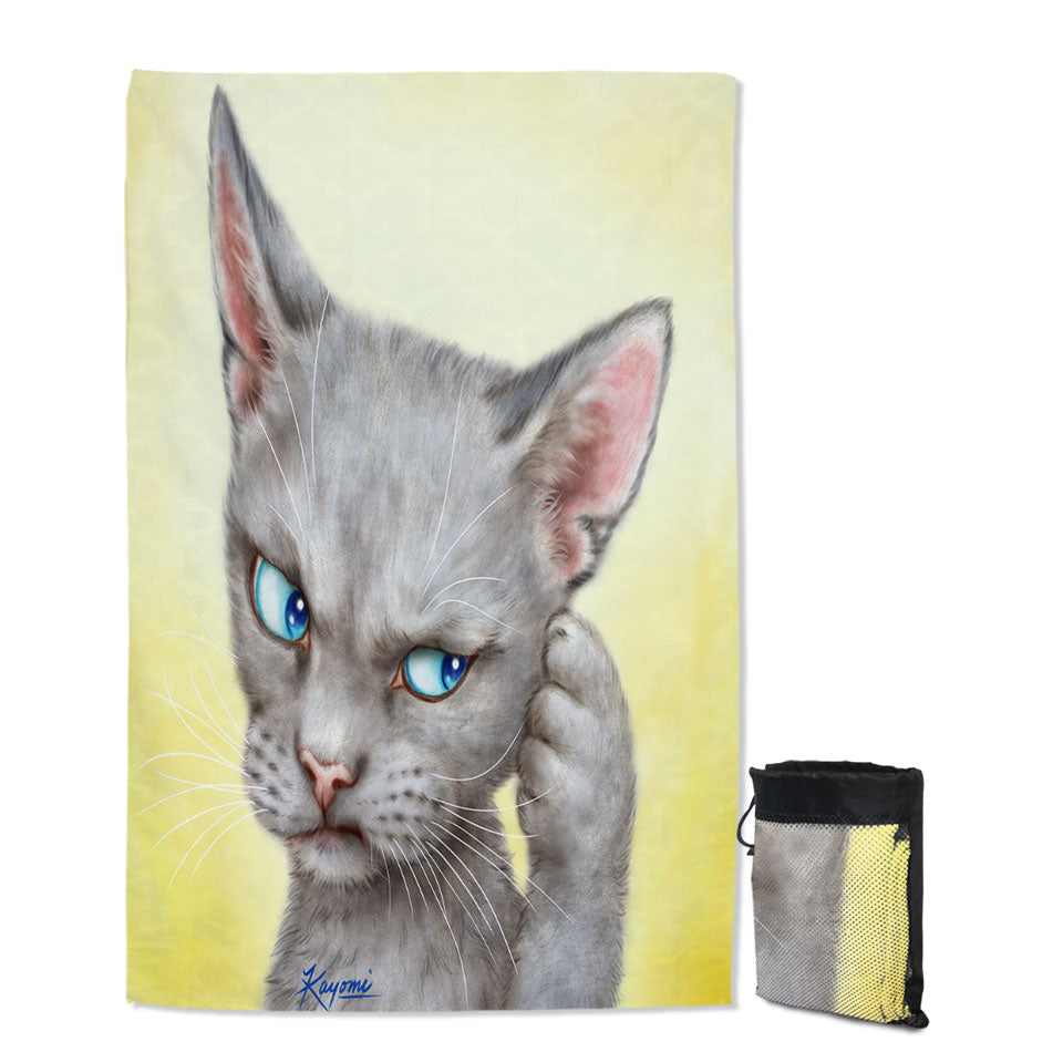 Blue Eyes Grey Kitty Cat Over Yellow Lightweight Beach Towel