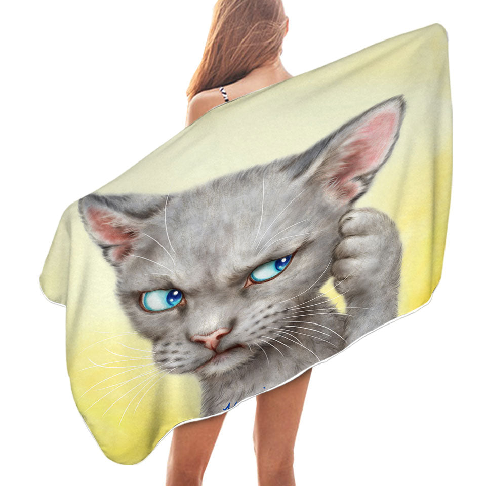 Blue Eyes Grey Kitty Cat Over Yellow Microfibre Beach Towels