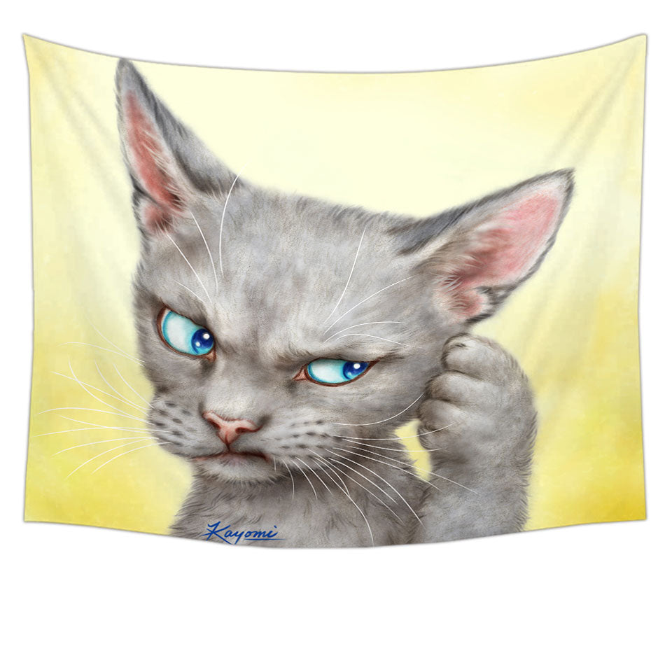 Blue Eyes Grey Kitty Cat Over Yellow Tapestry Wall Decor