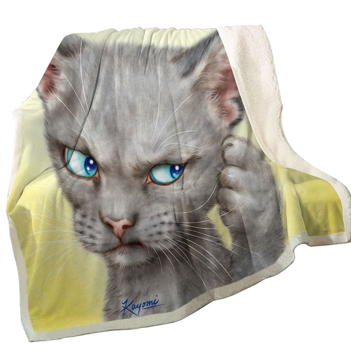 Blue Eyes Grey Kitty Cat Over Yellow Throws