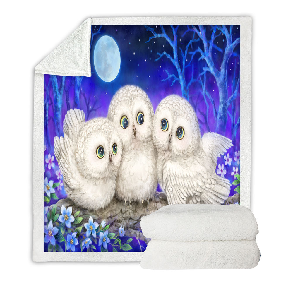 Blue Fleece Blankets Purple Moonlight Forest Owl Triplets