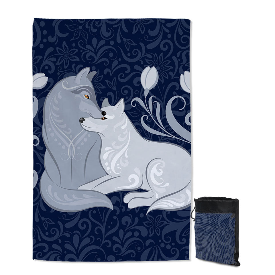 Blue Flowers and Wolves Quick Dry Beach Towel