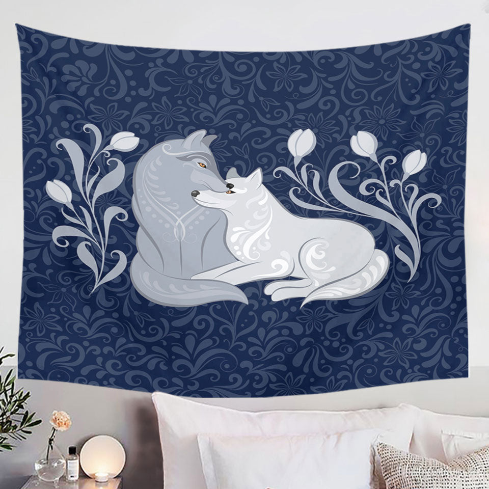 Blue Flowers and Wolves Tapestry