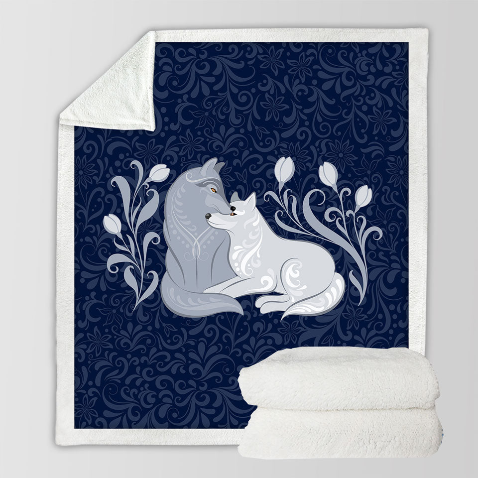 Blue Flowers and Wolves Throw Blanket