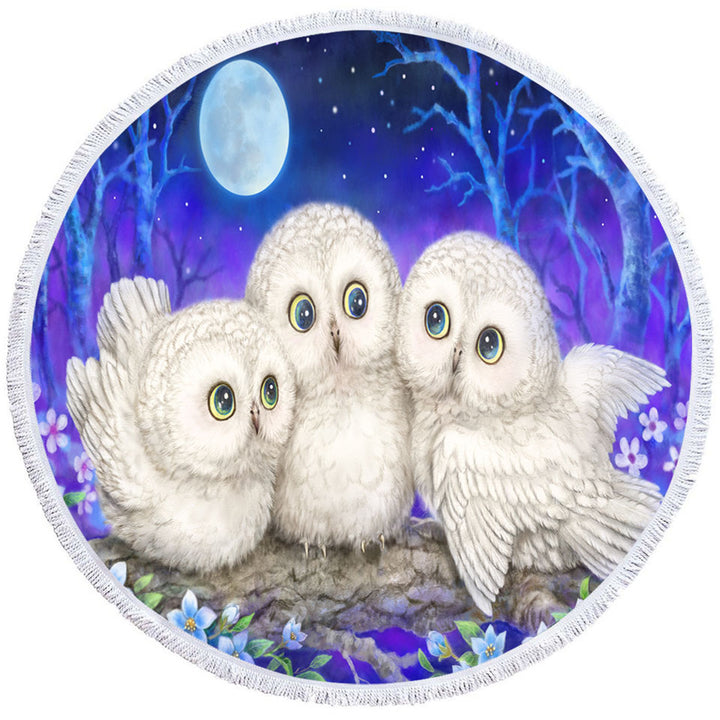 Blue Lightweight Beach Towel Purple Moonlight Forest Owl Triplets