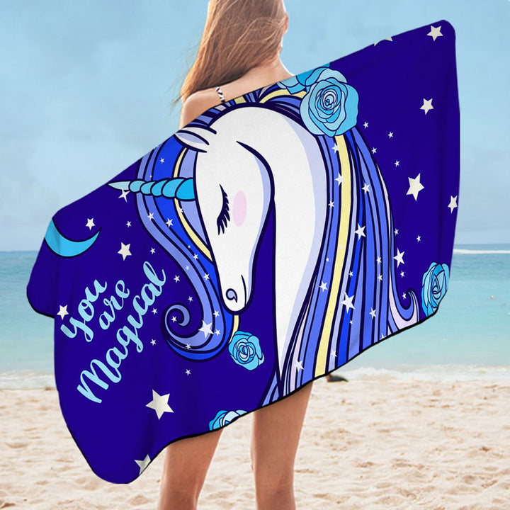 Blue Magical Unicorn Girls Beach Towel