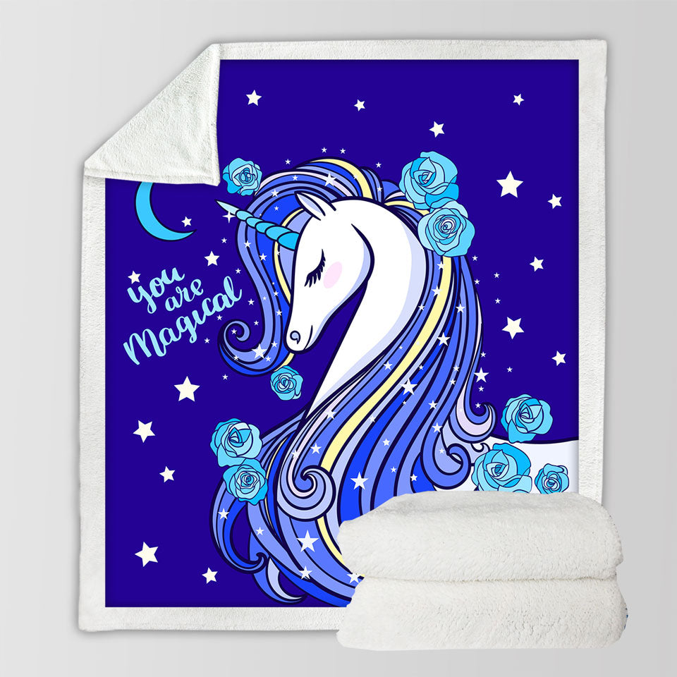 Blue Magical Unicorn Kids Sherpa Blankets