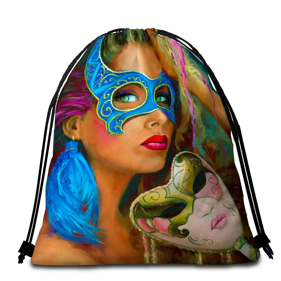 Blue Mask Beautiful Woman Beach Towel Bags