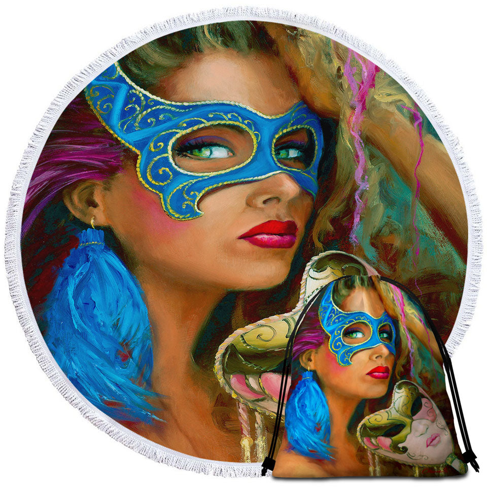 Blue Mask Beautiful Woman Circle Beach Towel