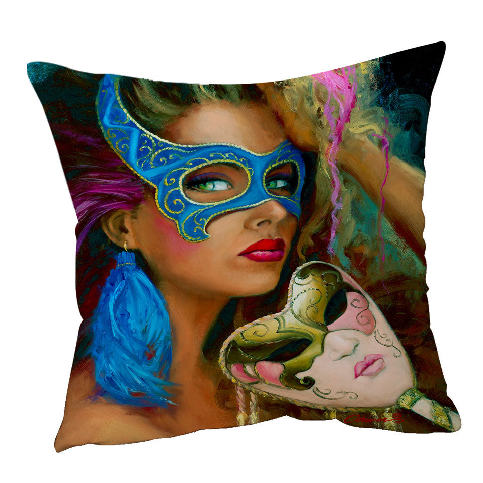 Blue Mask Beautiful Woman Cushion Cover