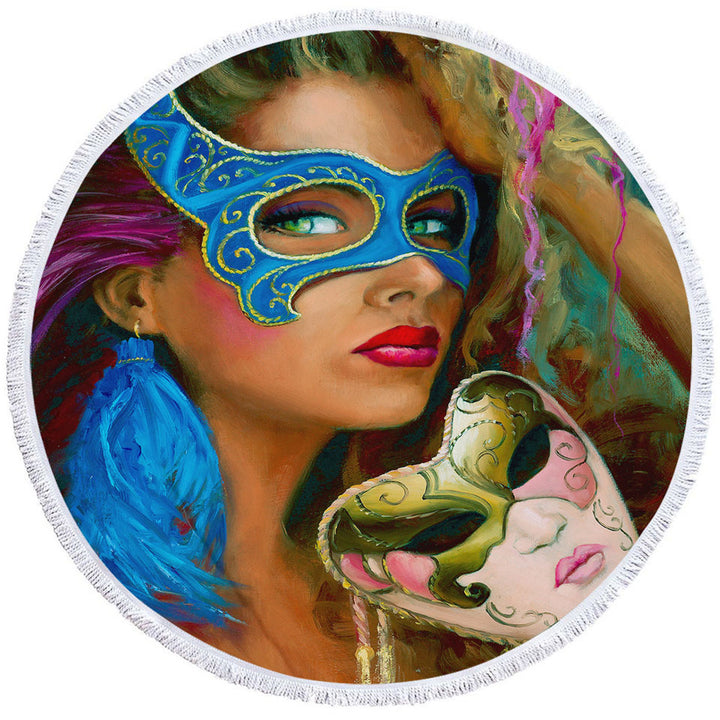 Blue Mask Beautiful Woman Round Beach Towel
