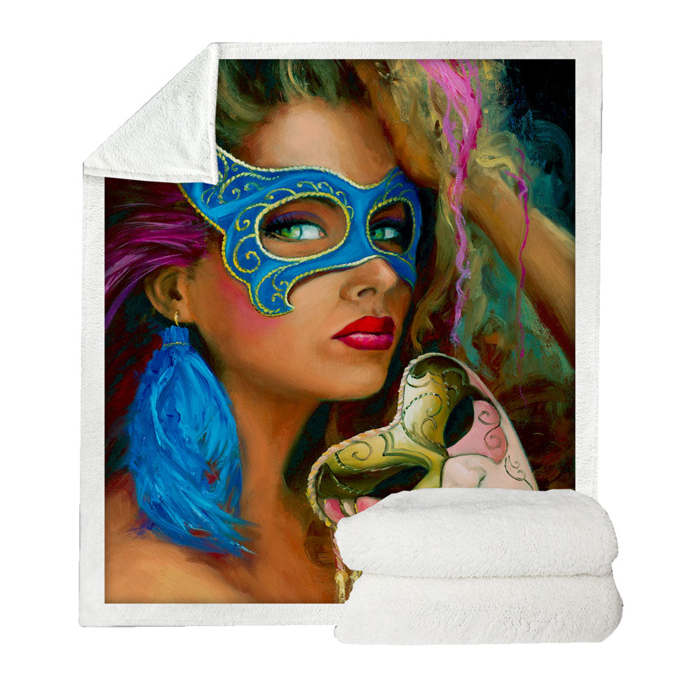 Blue Mask Beautiful Woman Sherpa Blanket