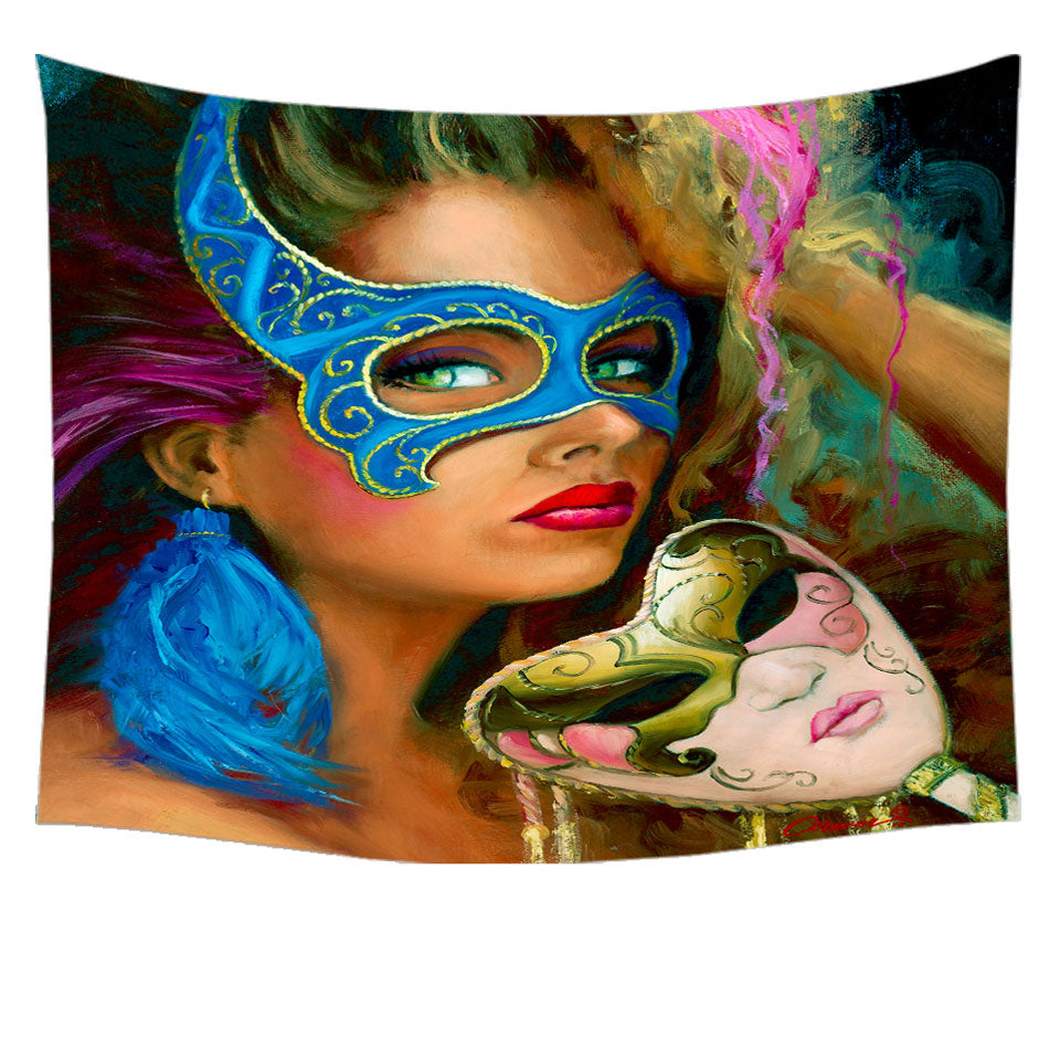 Blue Mask Beautiful Woman Tapestry