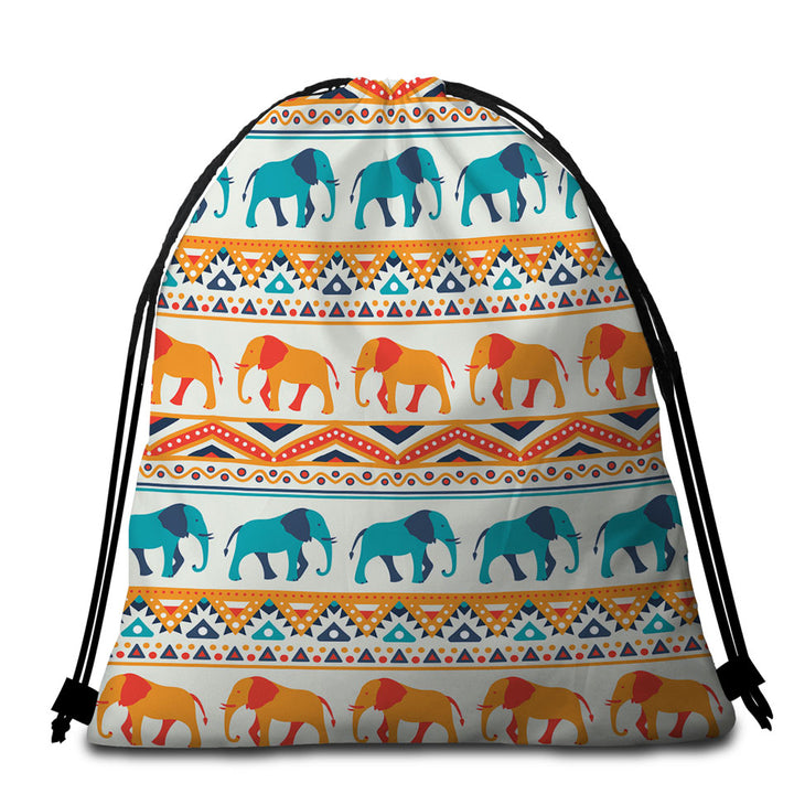 Blue Orange Beach Towel Bags with Elephants on African Design