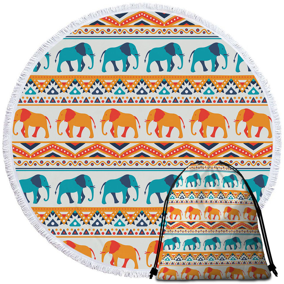 Blue Orange Round Towel with Elephants on African Design